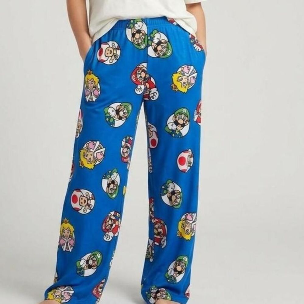 Nintendo Super Mario All Over Print Blue Pajama Pants Large unisex cozy